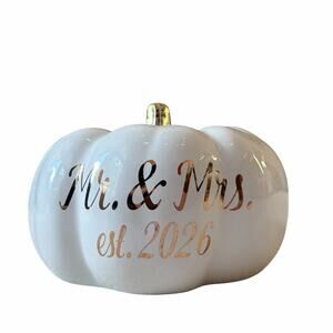 MR. & MRS. 2026 Ceramic Pumpkin White w/ Gold Stem 6.5in Fall Decor NEW